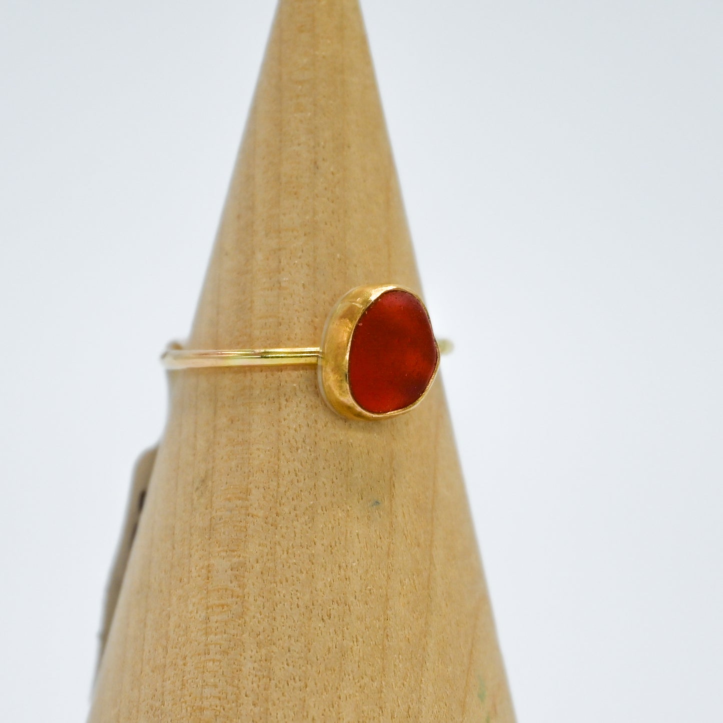 14k solid gold and red orange sea glass size 7