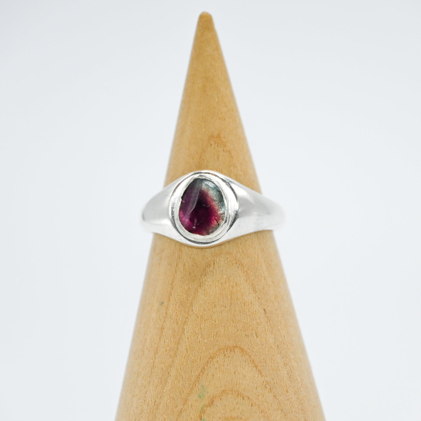 Sterling silver signet with watermelon tourmaline slice size 7
