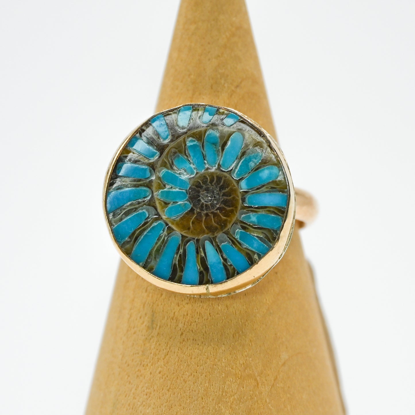 Gold fill xl ammonite with turquoise inlay size 7.5