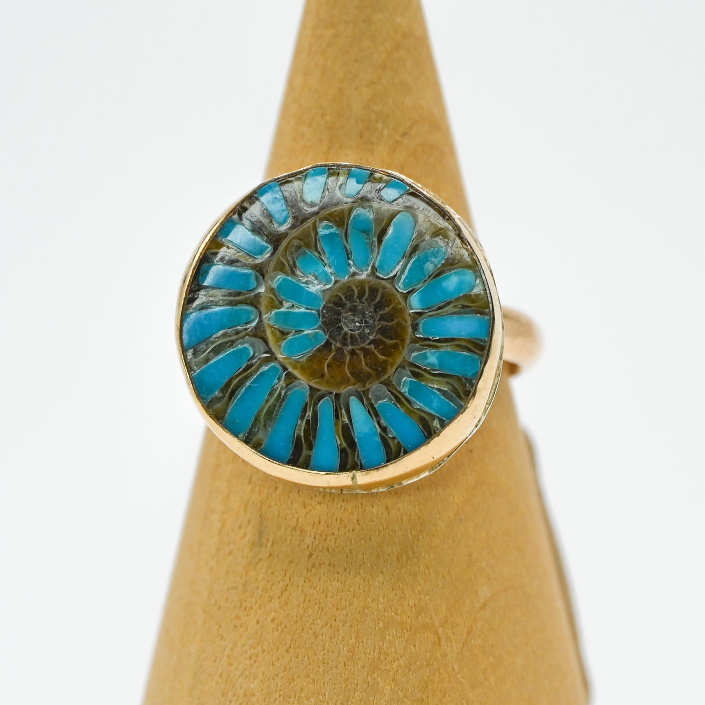 Gold fill xl ammonite with turquoise inlay size 7.5