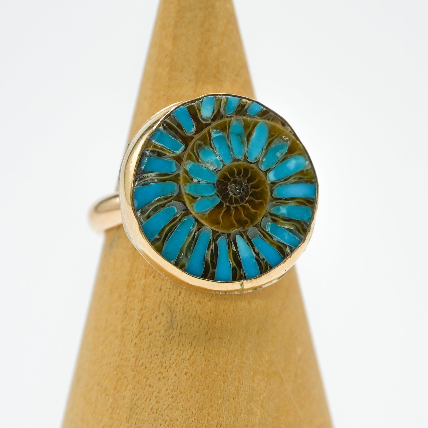 Gold fill xl ammonite with turquoise inlay size 7.5
