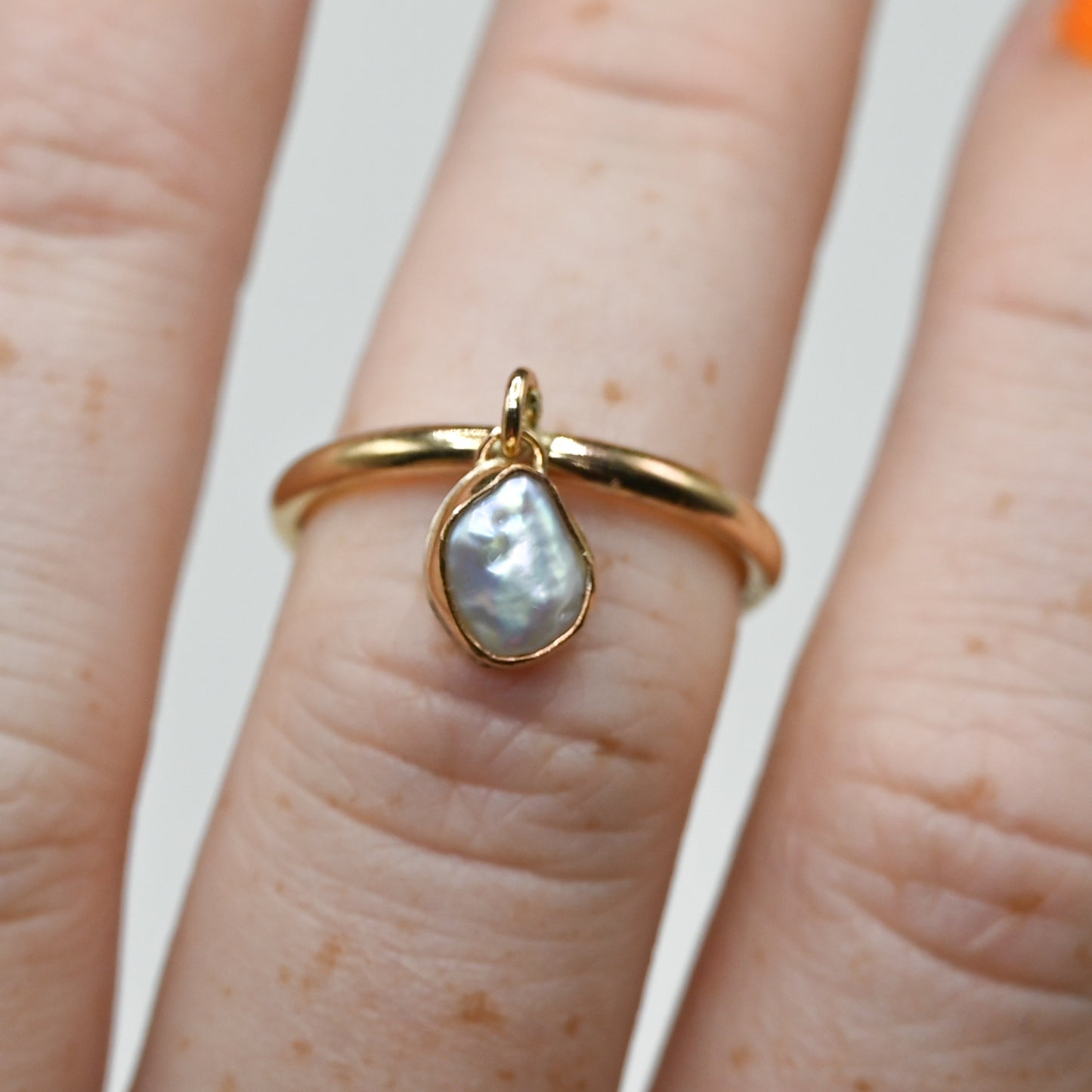 Gold fill keshi pearl charm dangle ring size 6.5