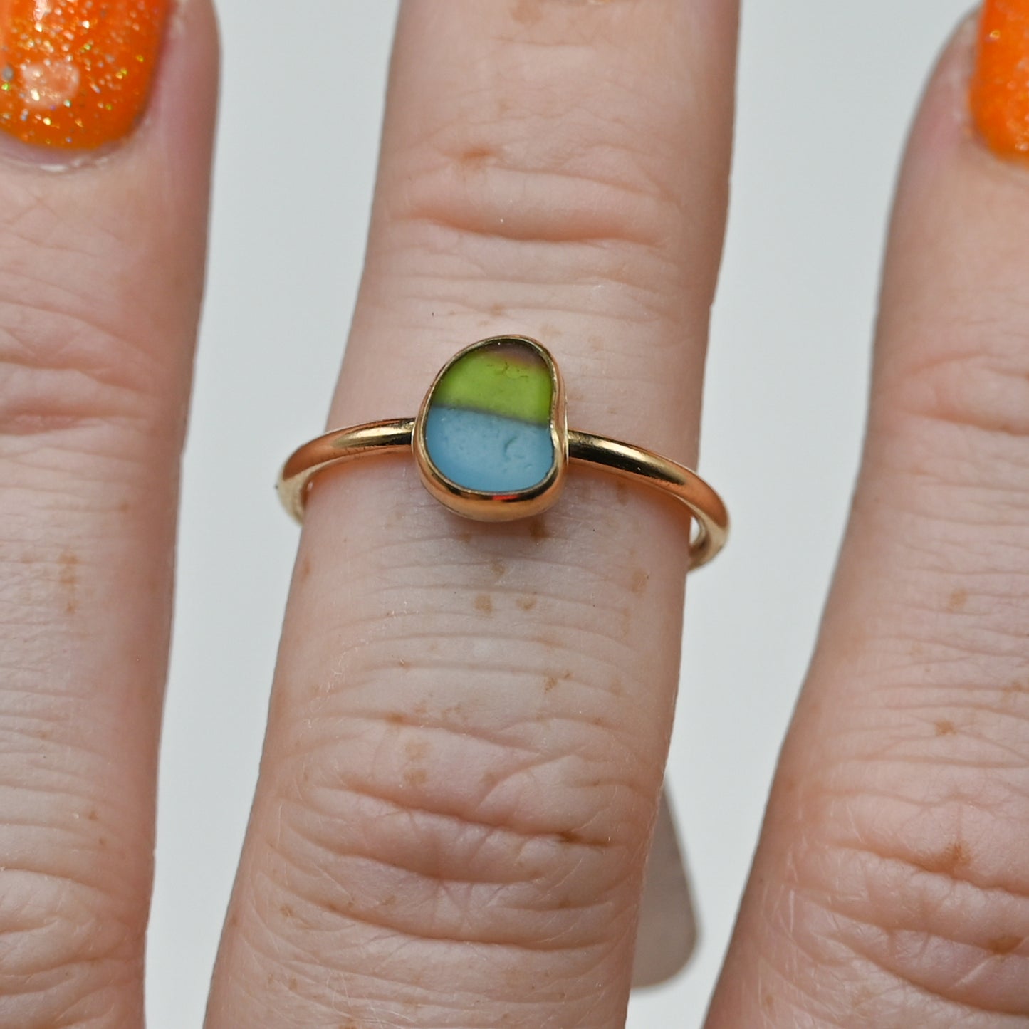 Gold fill multi blue green and orange sea glass size 7