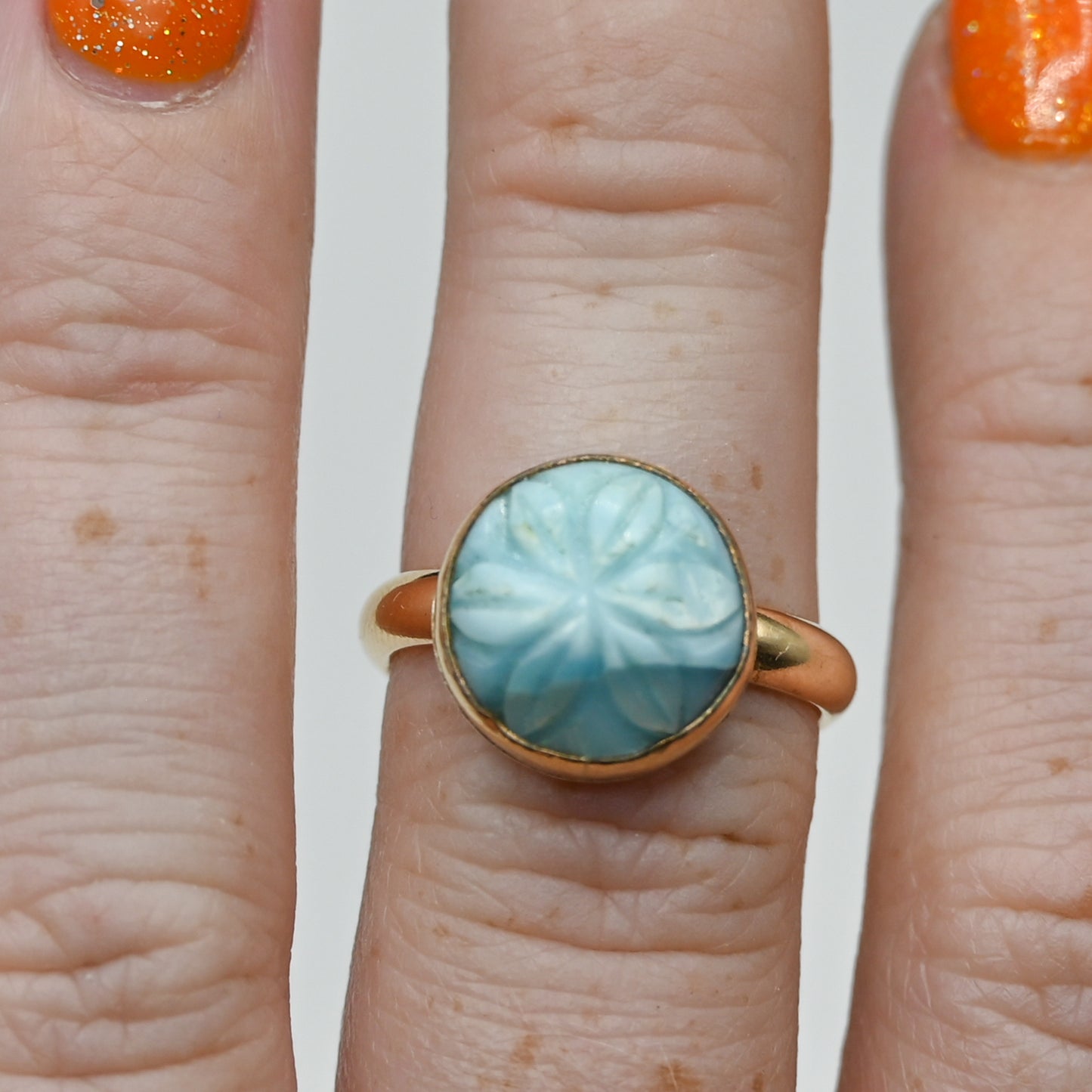 Gold fill carved larimar size 7