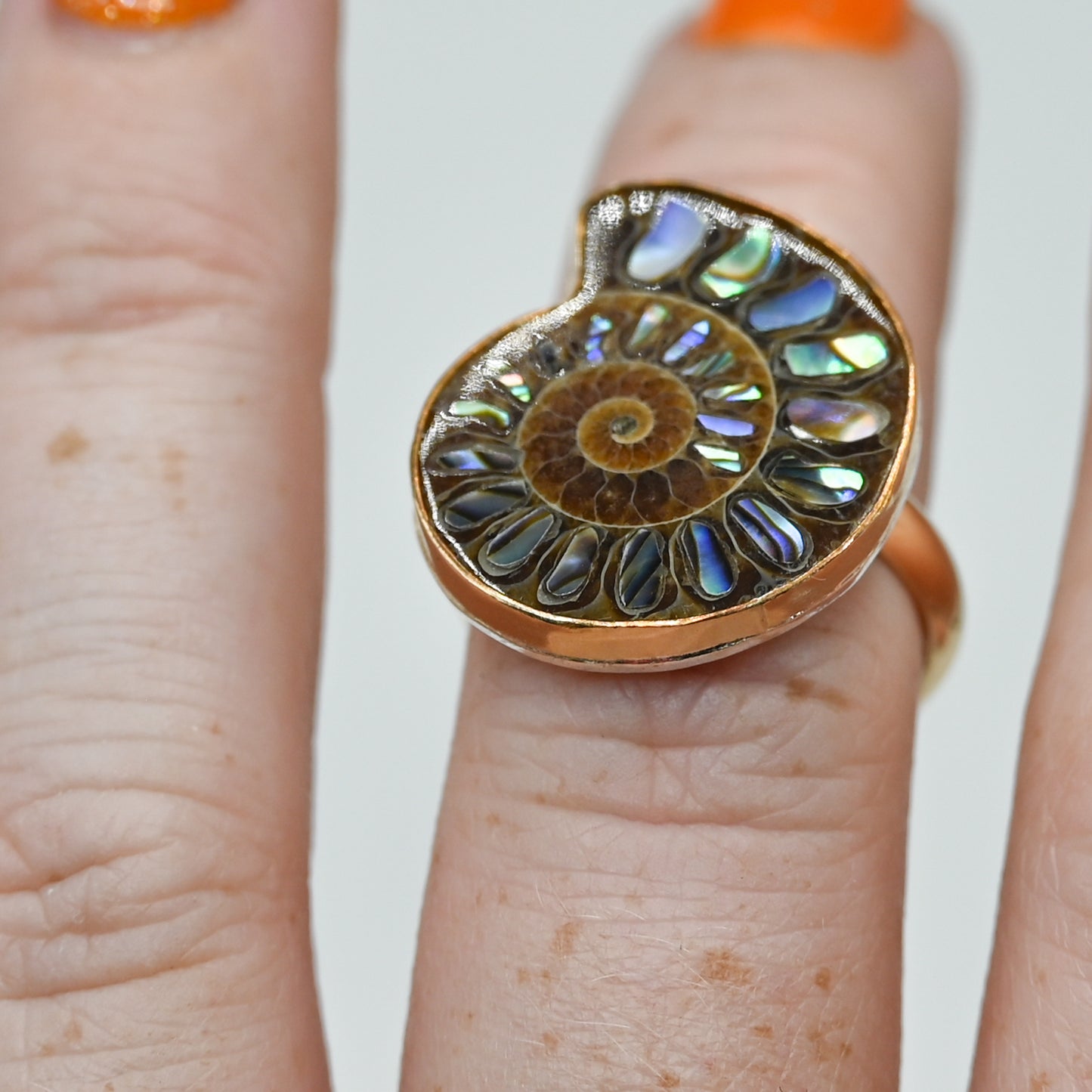 Gold fill xxl abalone inlay in ammonite shell size 7.75