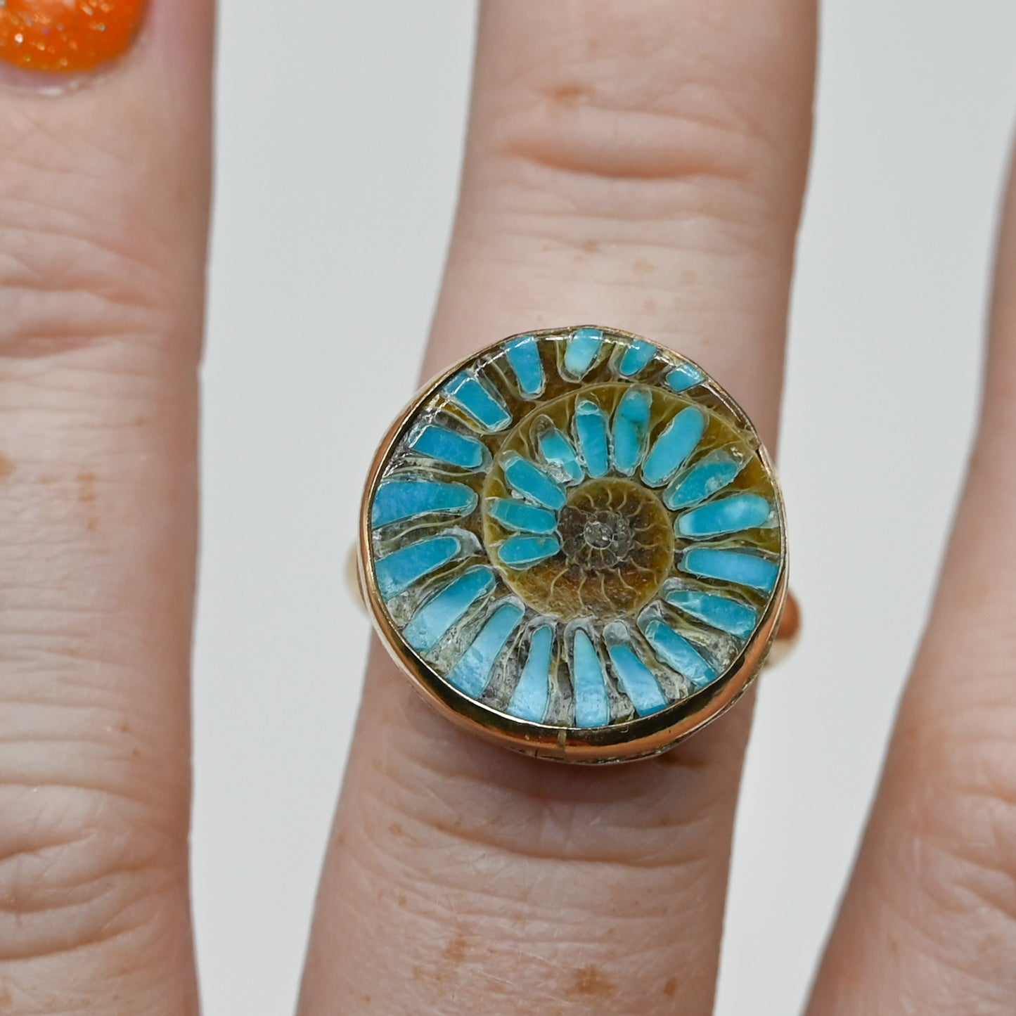 Gold fill xl ammonite with turquoise inlay size 7.5