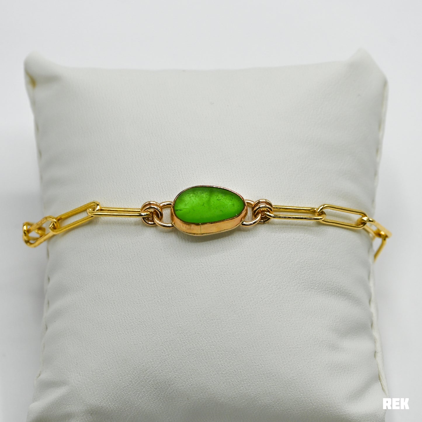 Gold fill green sea glass and paperclip chain bracelet