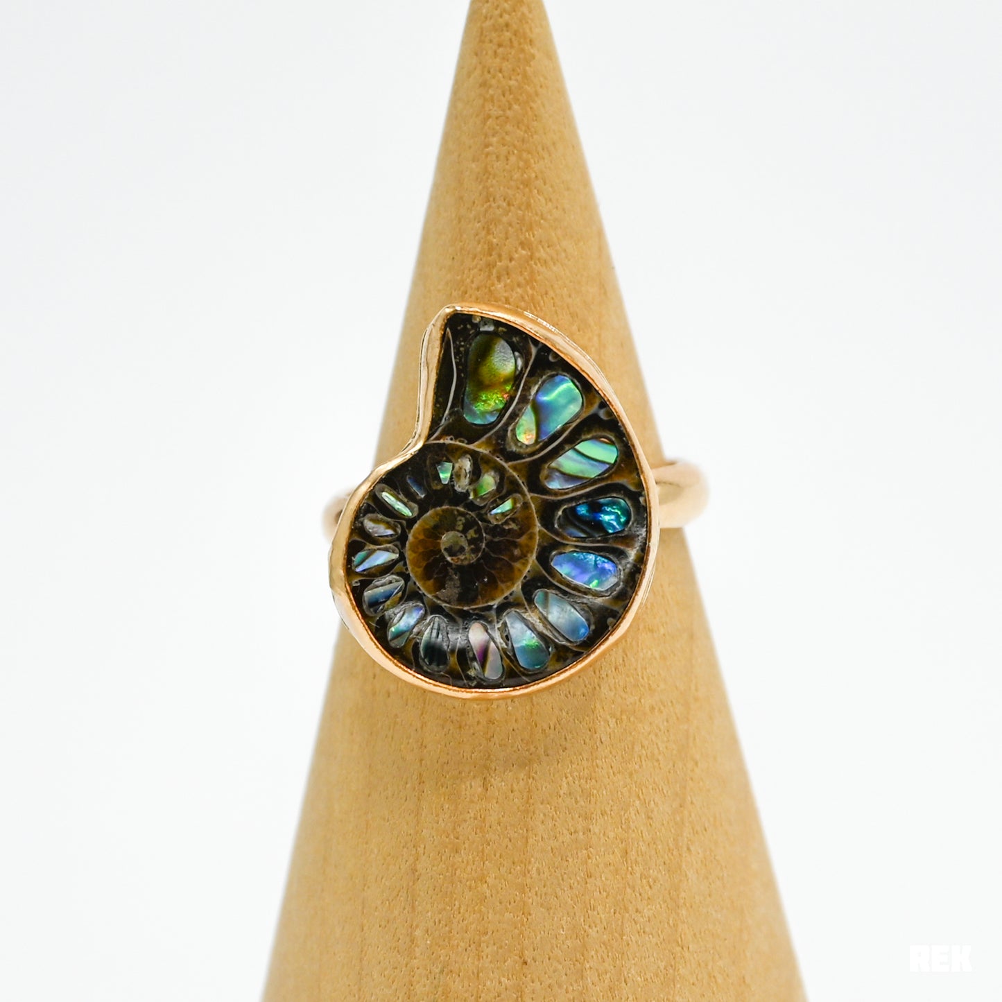 Gold fill Ammonite shell with abalone inlay size 7.5