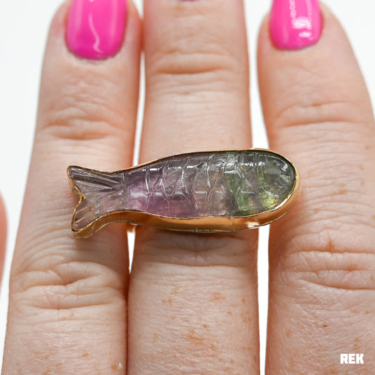 Gold fill carved flourite fish size 7