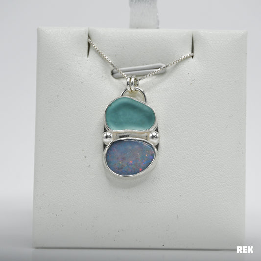 Aqua sea glass and Australian opal necklace