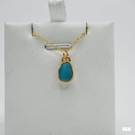 Gold fill bright aqua sea glass necklace