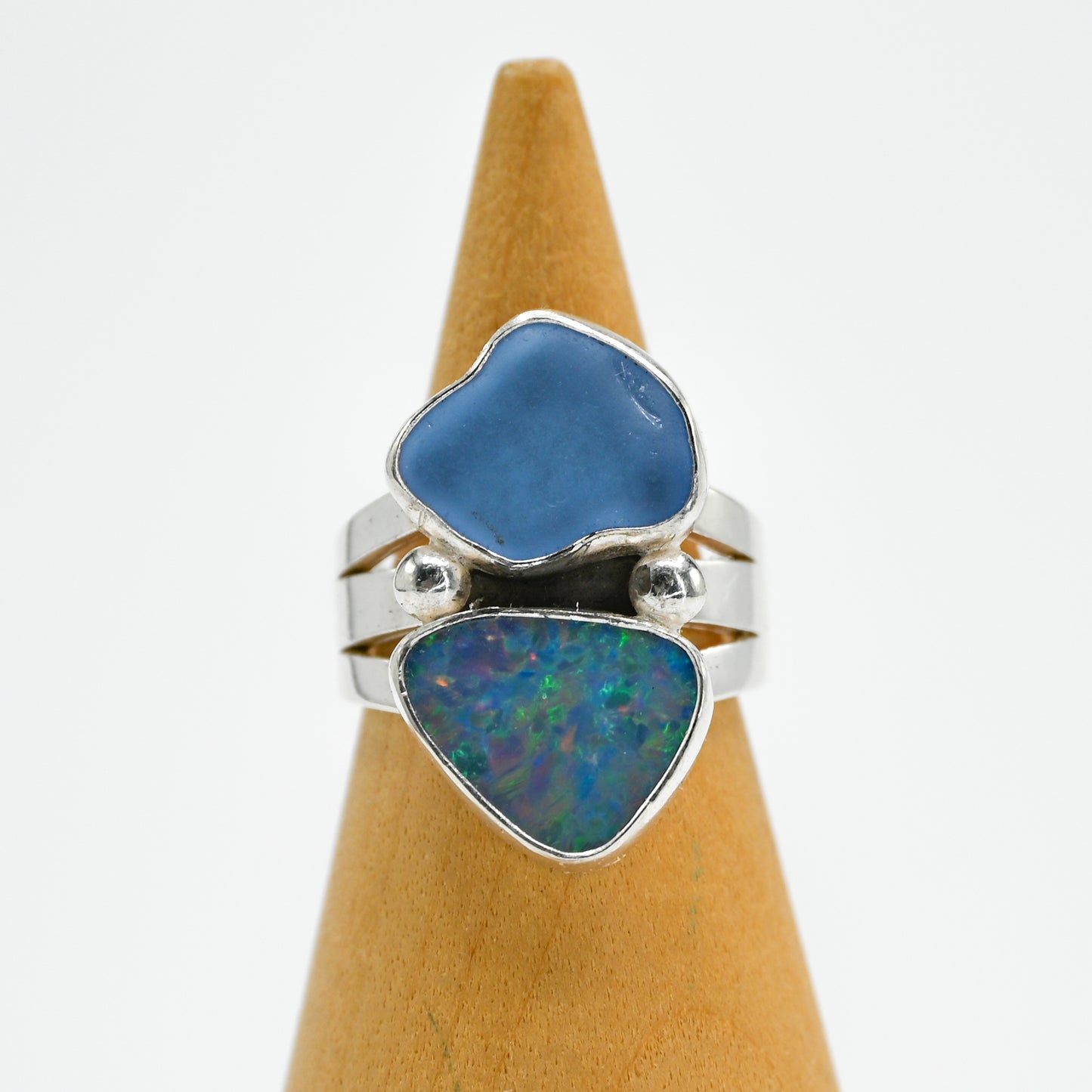 Double cornflower sea glass and Australian opal size 6