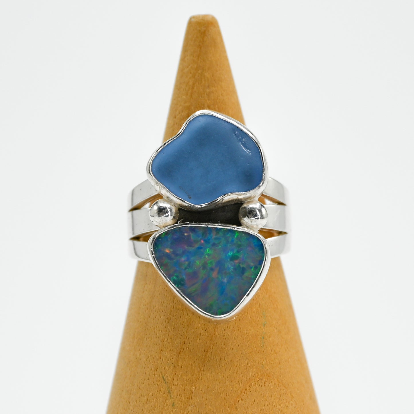 Double cornflower sea glass and Australian opal size 6
