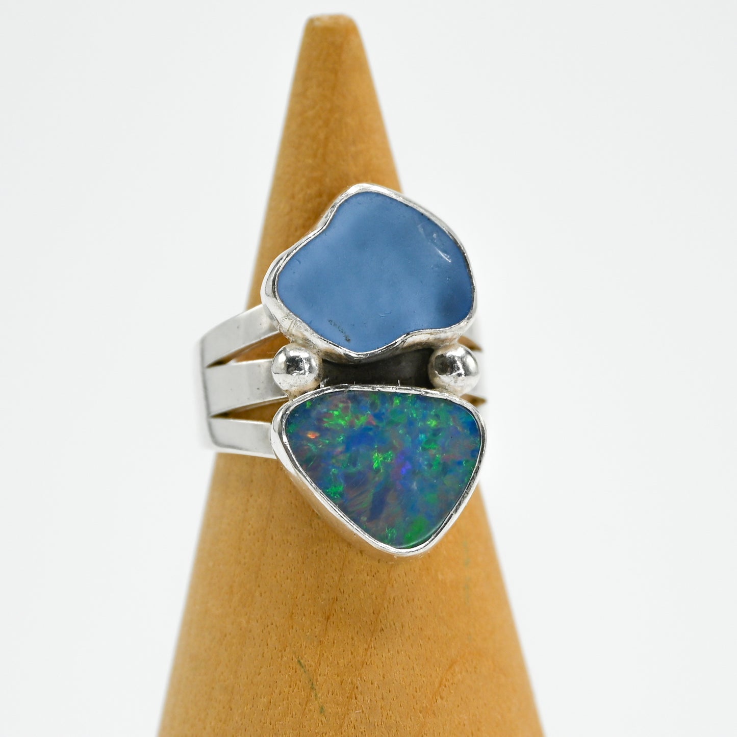 Double cornflower sea glass and Australian opal size 6