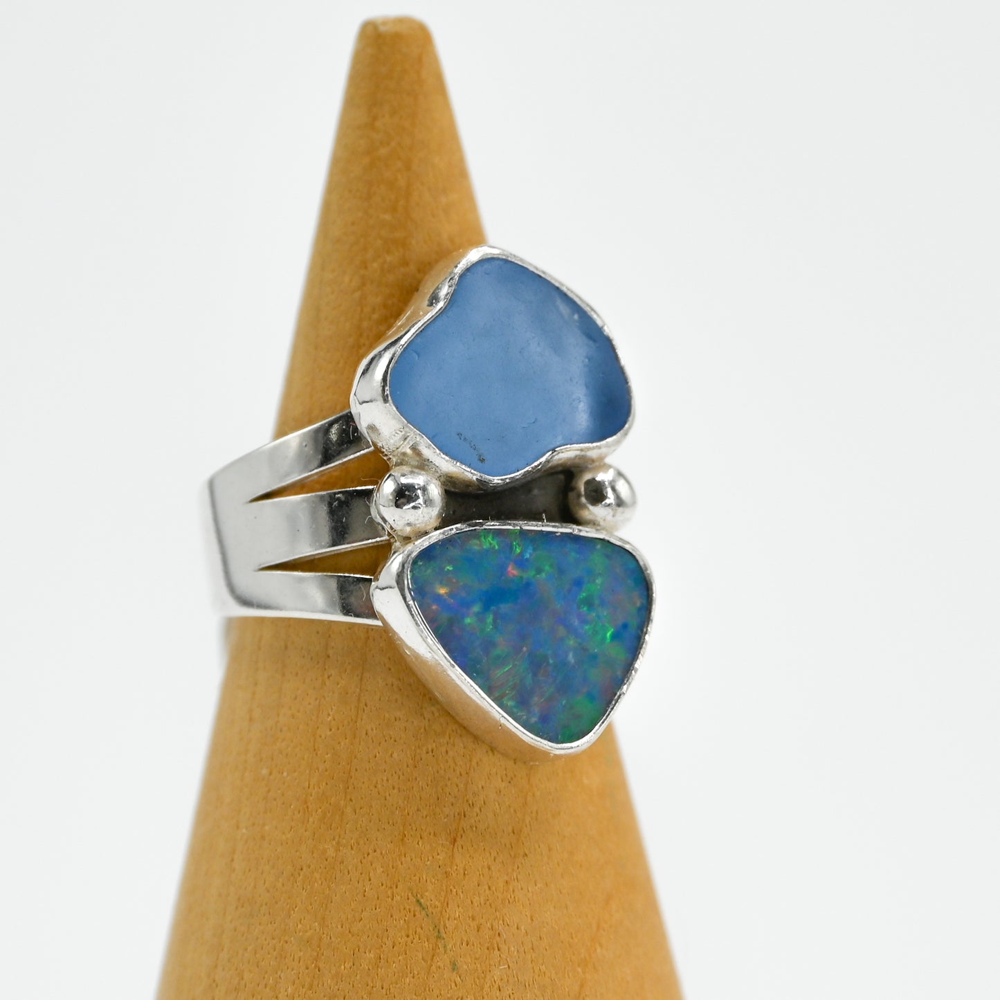 Double cornflower sea glass and Australian opal size 6