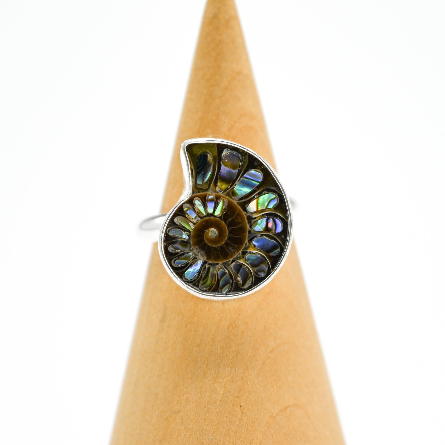 Ammonite with abalone inlay size 7