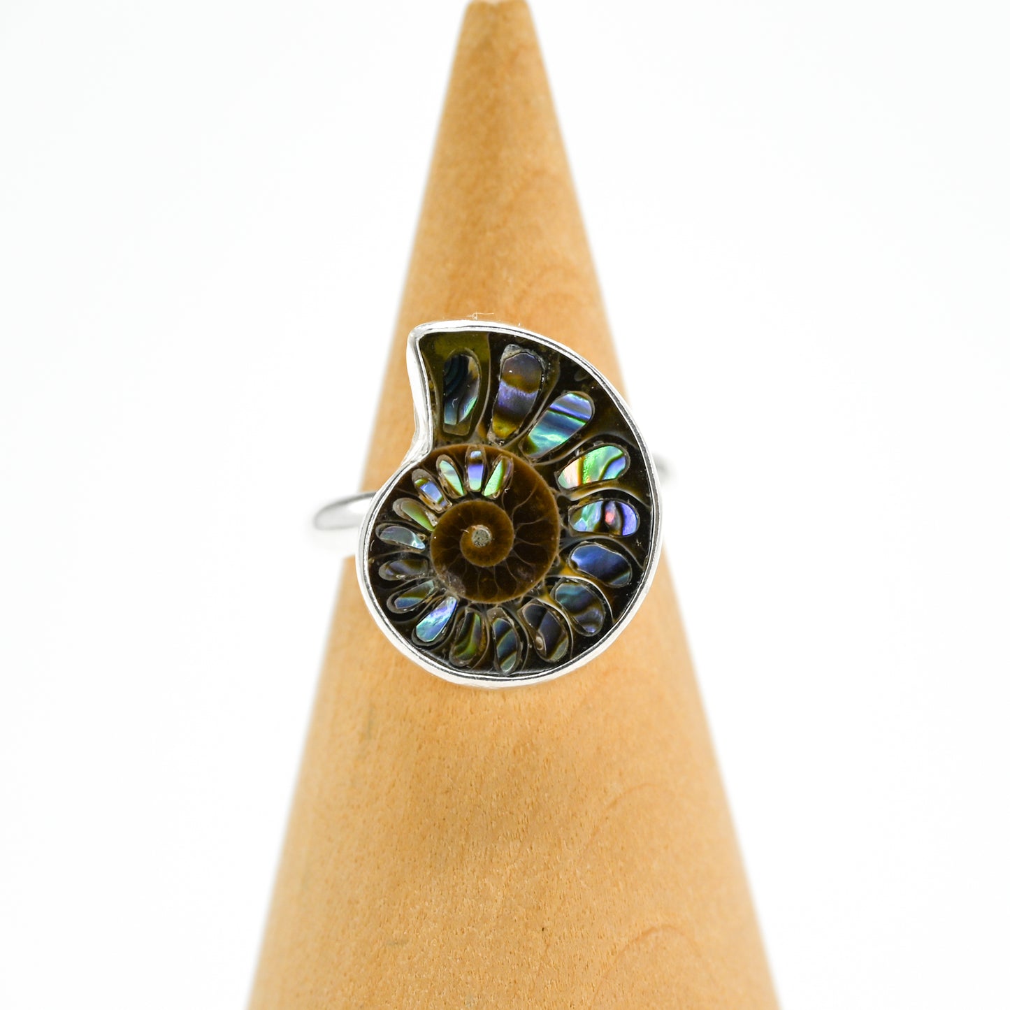 Ammonite with abalone inlay size 7