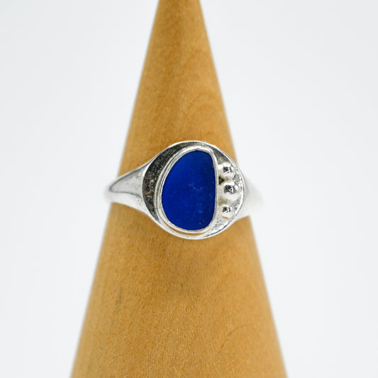 Signet with cobalt sea glass size 7