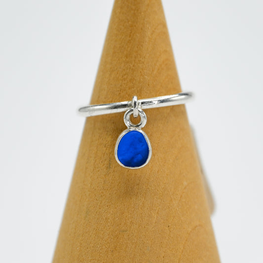 Cobalt sea glass charm dangle ring size 7