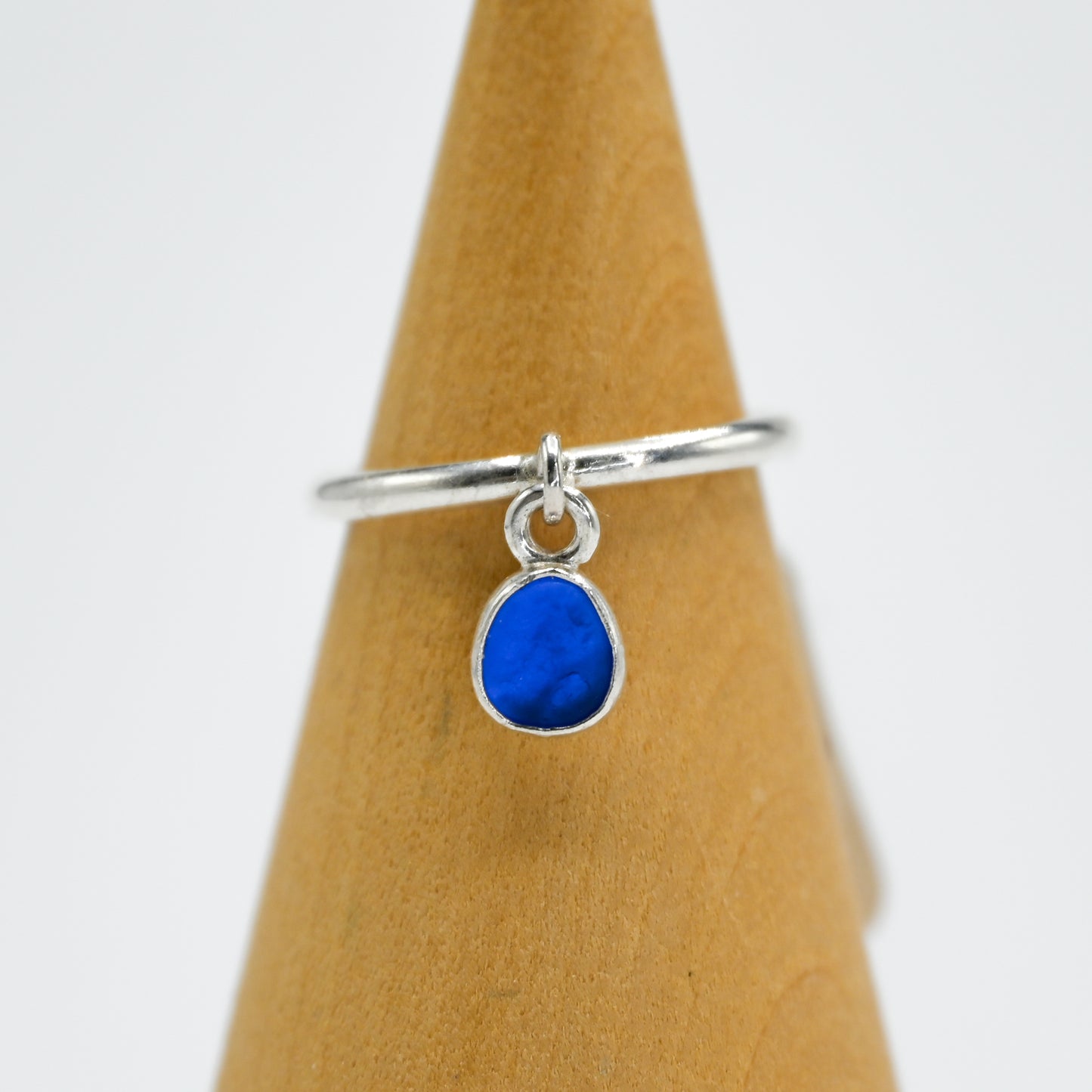 Cobalt sea glass charm dangle ring size 7
