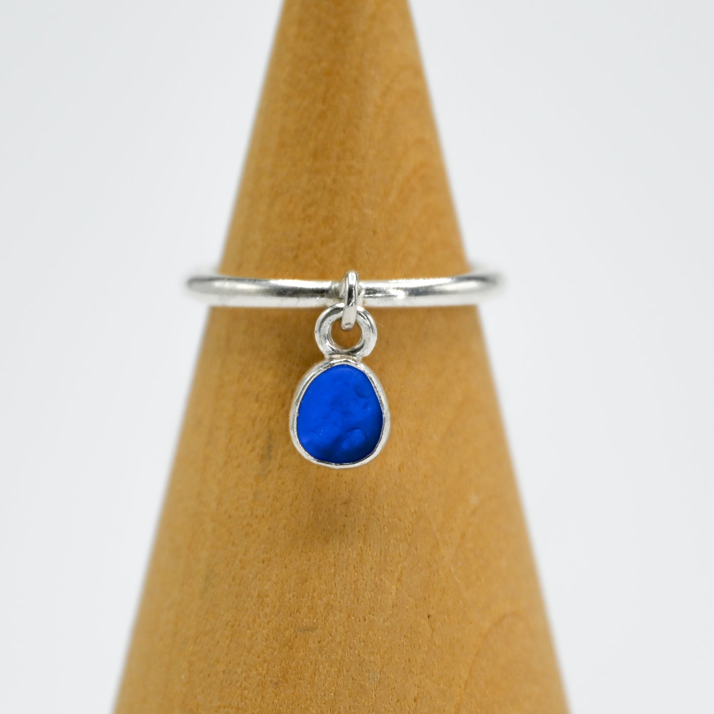 Cobalt sea glass charm dangle ring size 7
