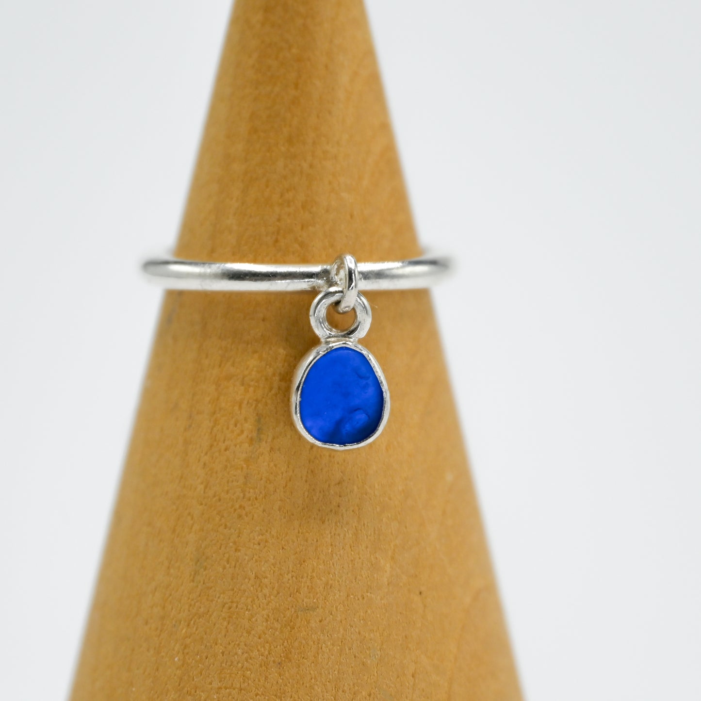 Cobalt sea glass charm dangle ring size 7