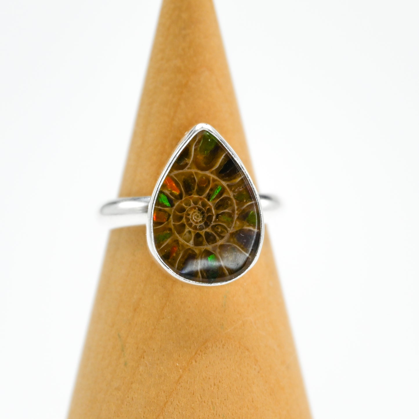 Pear ammonite with ammonite inlay size 7.25