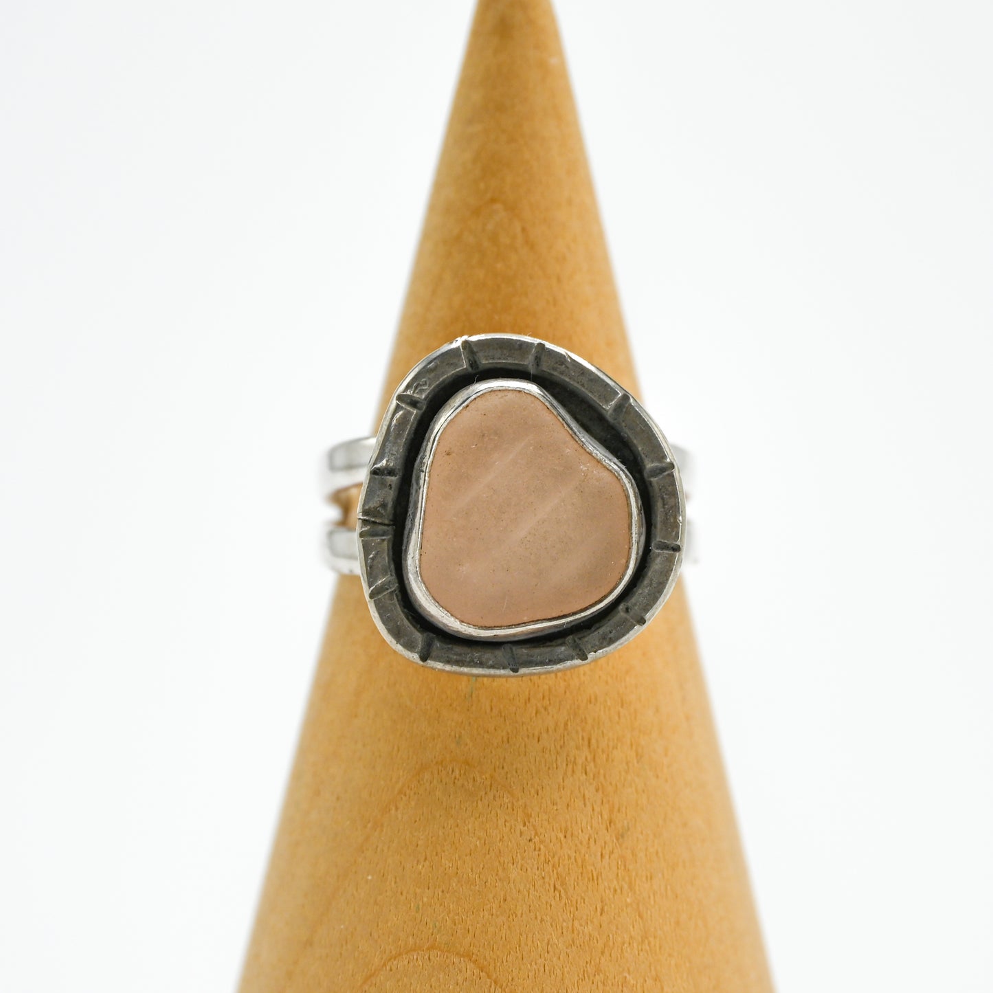 Pink sea glass hammered stamp around size 8