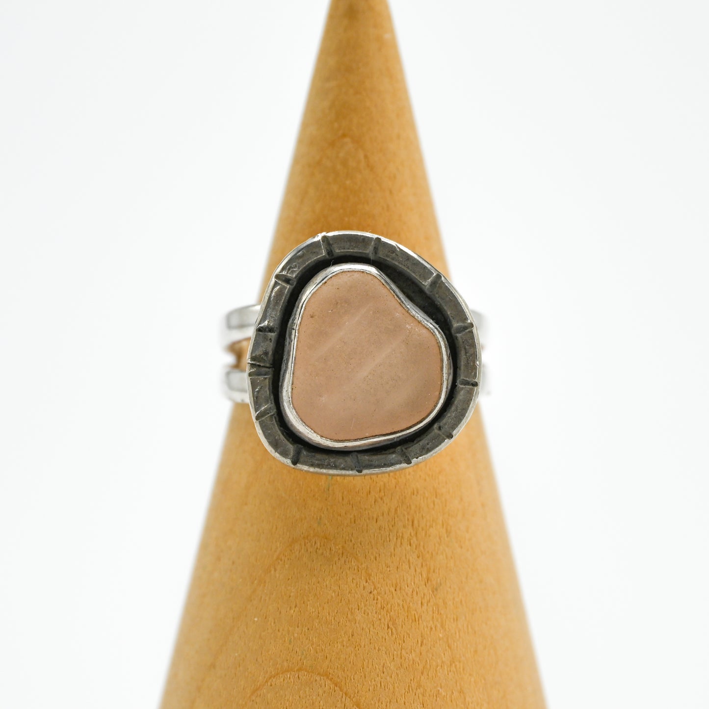 Pink sea glass hammered stamp around size 8