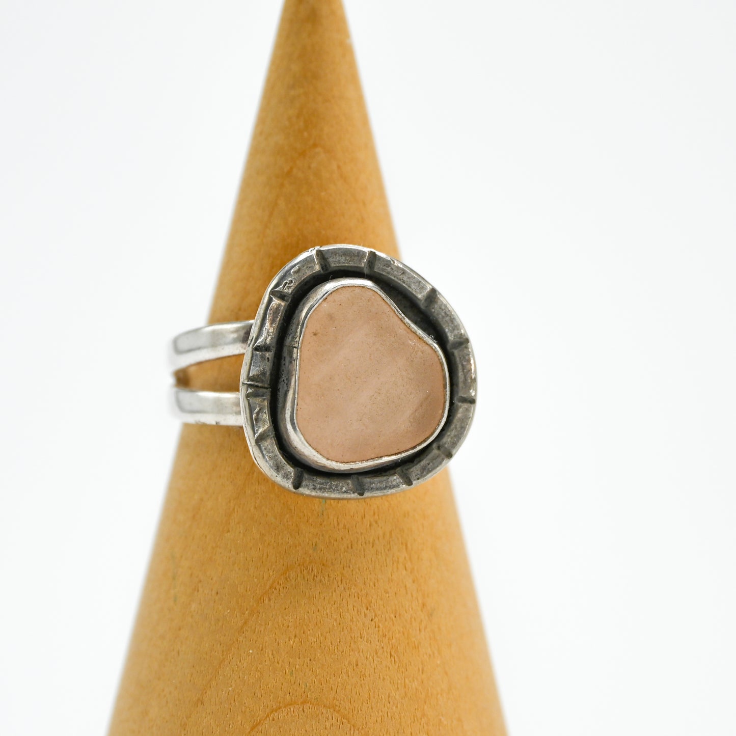 Pink sea glass hammered stamp around size 8