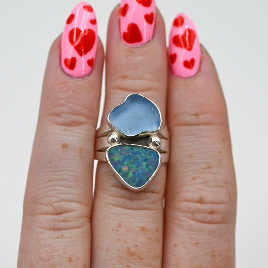 Double cornflower sea glass and Australian opal size 6