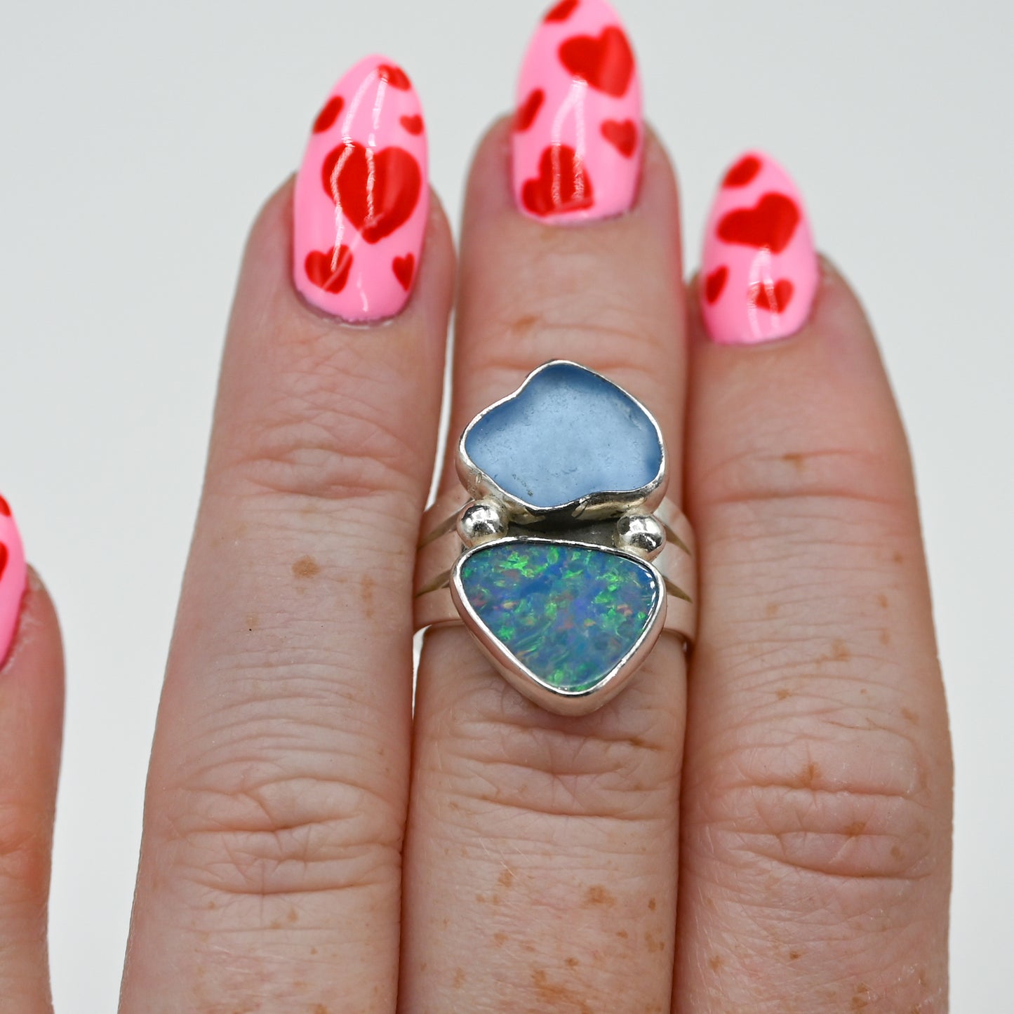 Double cornflower sea glass and Australian opal size 6