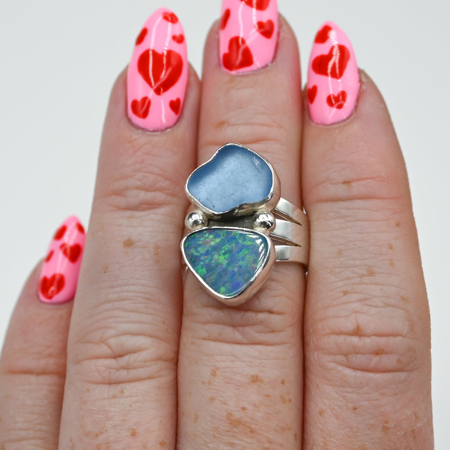 Double cornflower sea glass and Australian opal size 6