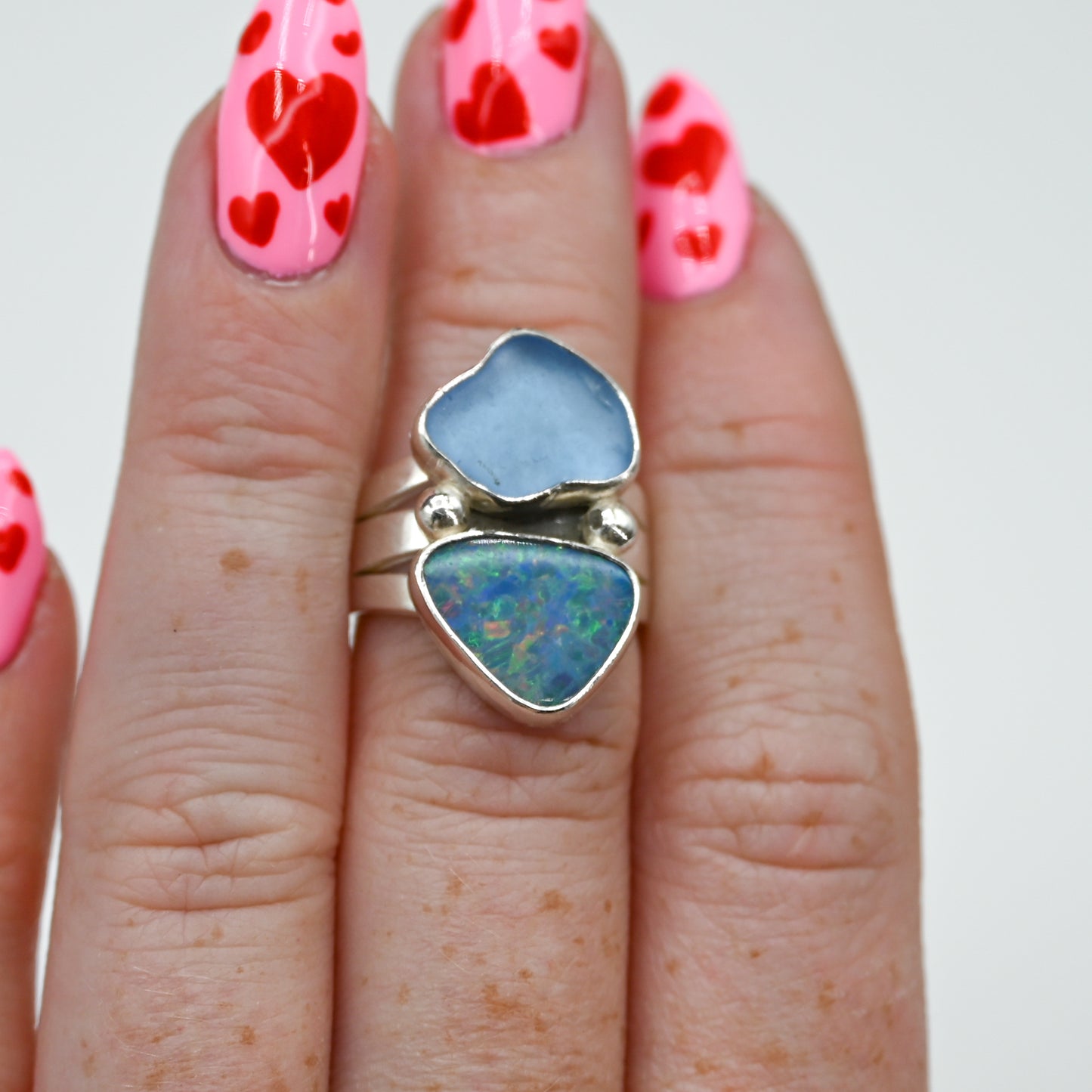 Double cornflower sea glass and Australian opal size 6
