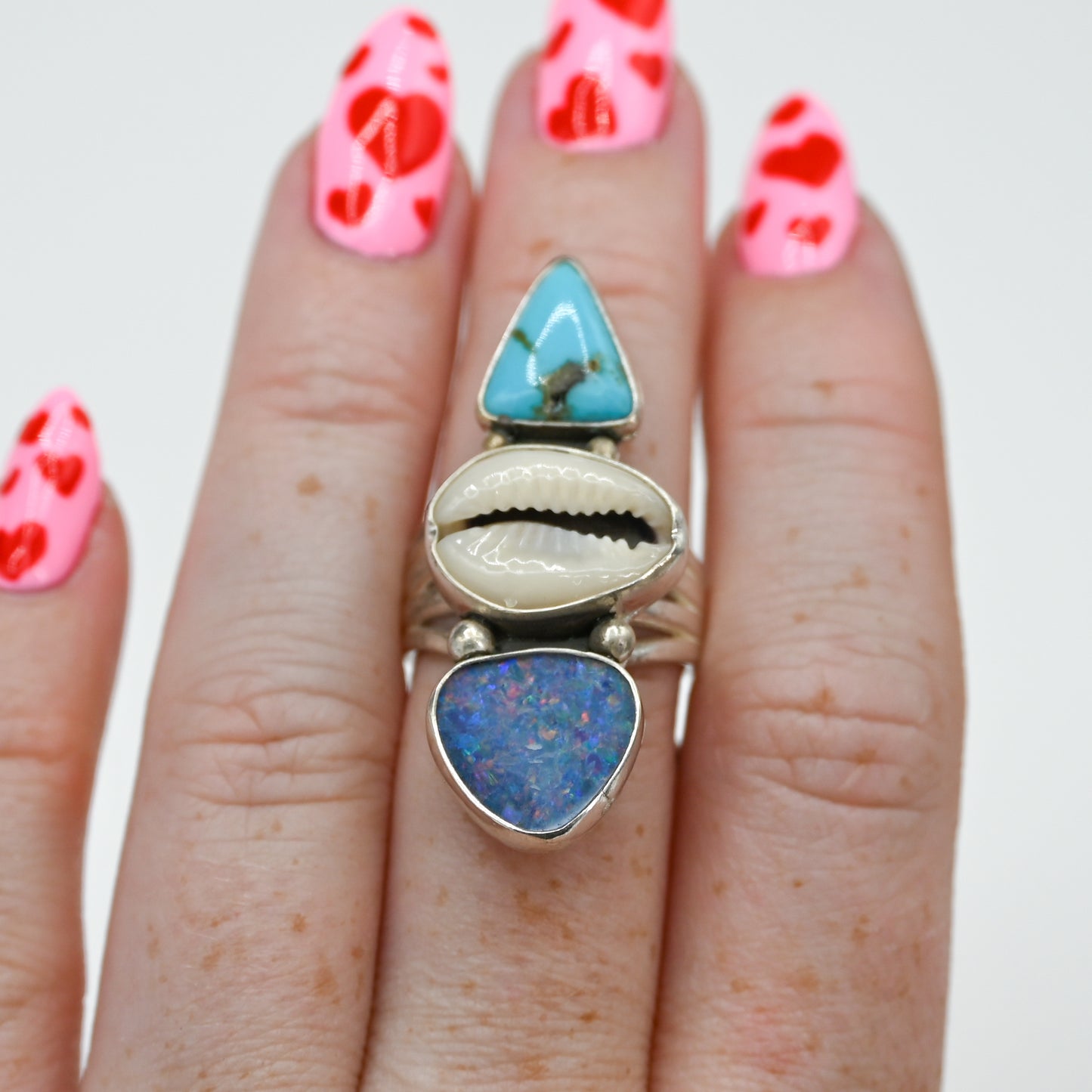 Triple cowrie, Australian opal and kingman turquoise size 7