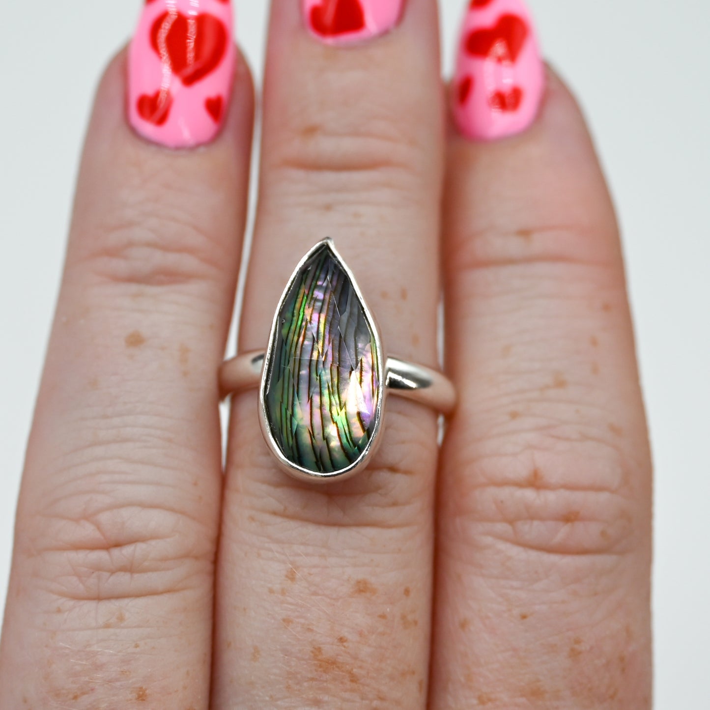 XL pear abalone with rose cut quartz size 7