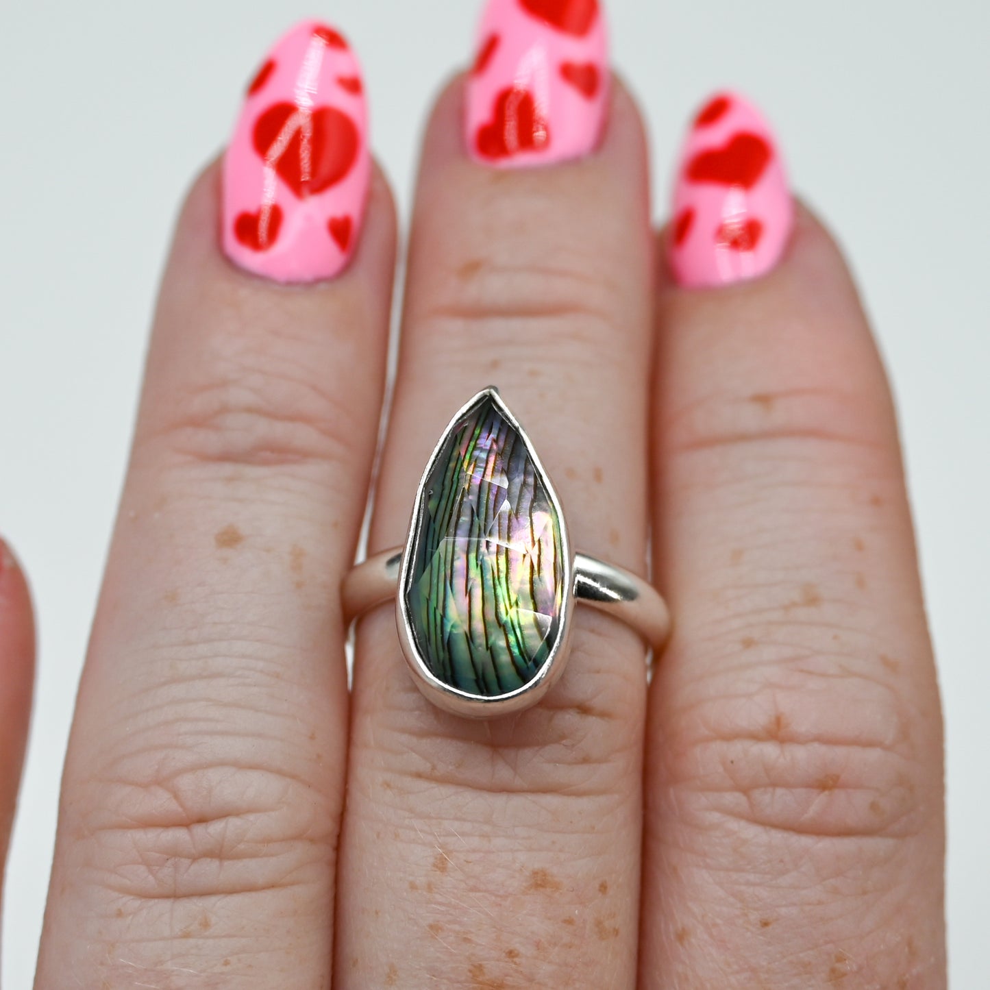 XL pear abalone with rose cut quartz size 7