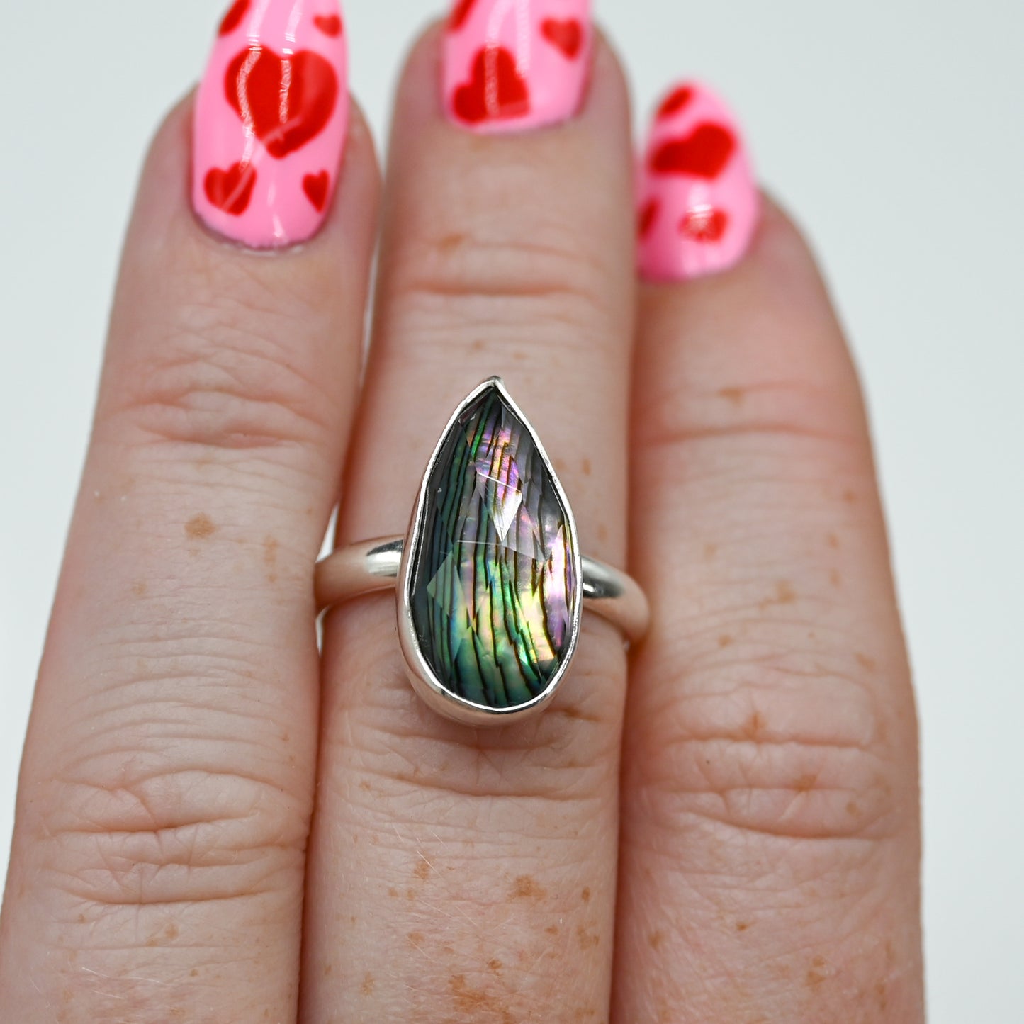 XL pear abalone with rose cut quartz size 7