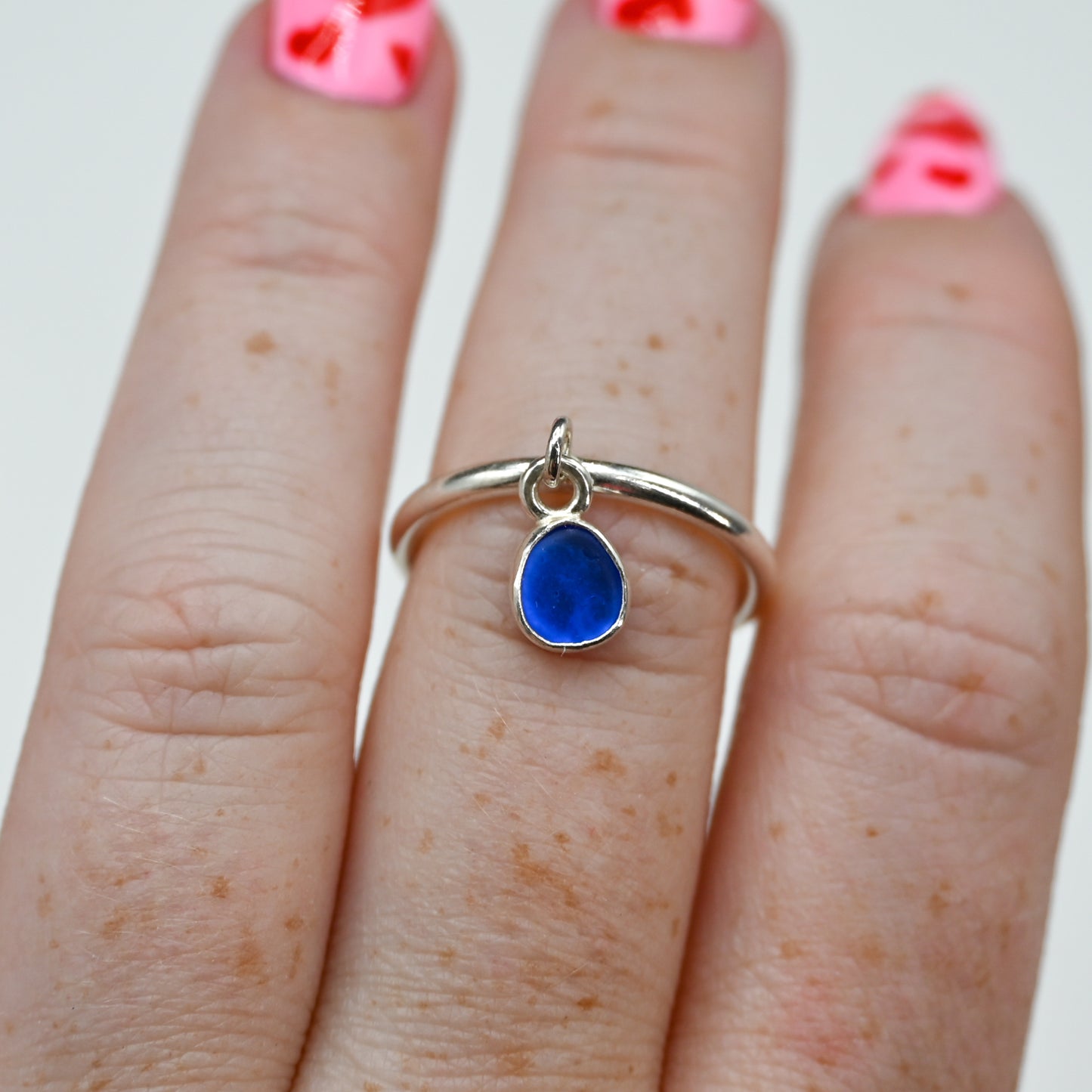 Cobalt sea glass charm dangle ring size 7