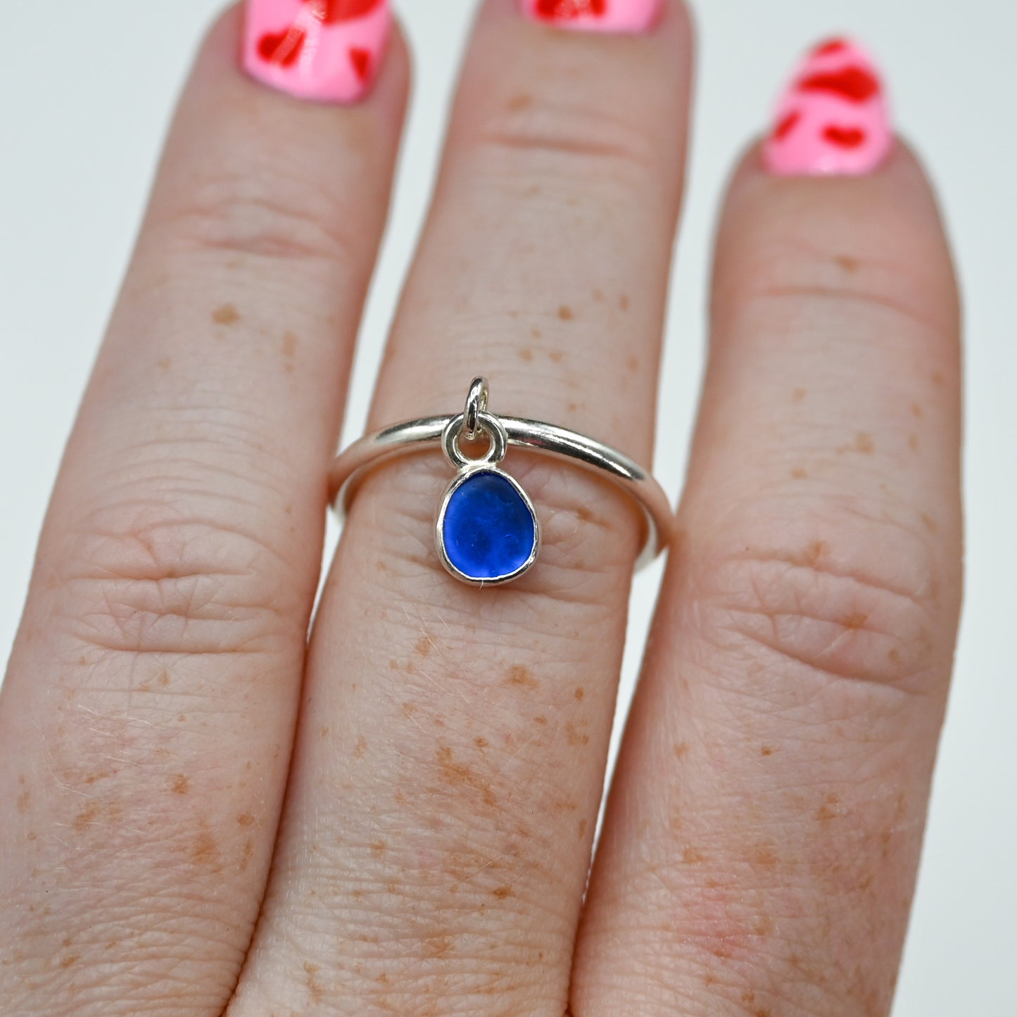 Cobalt sea glass charm dangle ring size 7