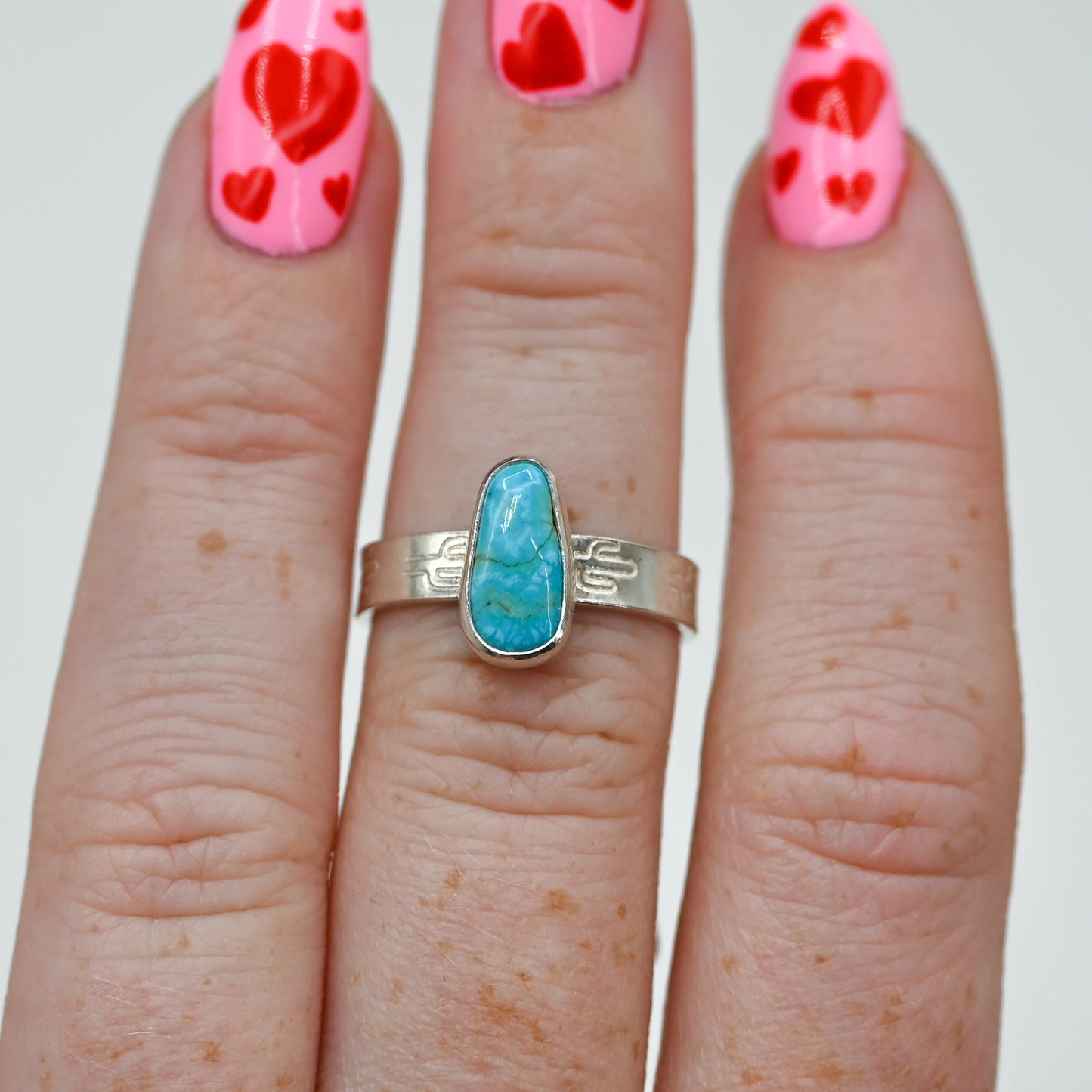 Cactus stamped band with AZ south hill turquoise size 7.25
