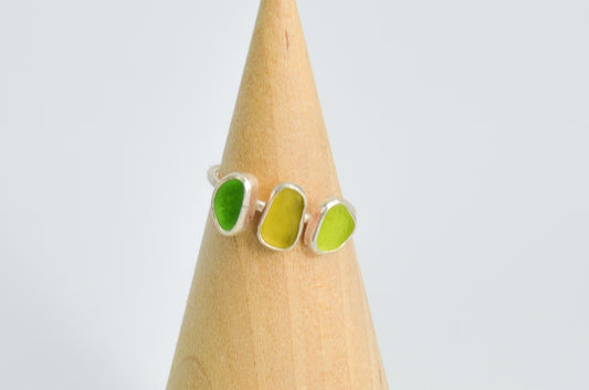 Triple Green Sea Glass Ring Size 6.75