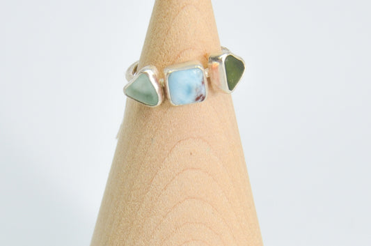 Triple Sea Glass and Larimar Ring Size 6.5