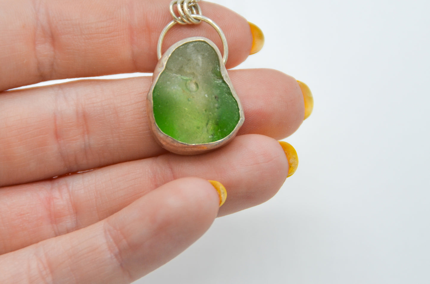 Chunky Bonfire Green and Clear Sea Glass Necklace