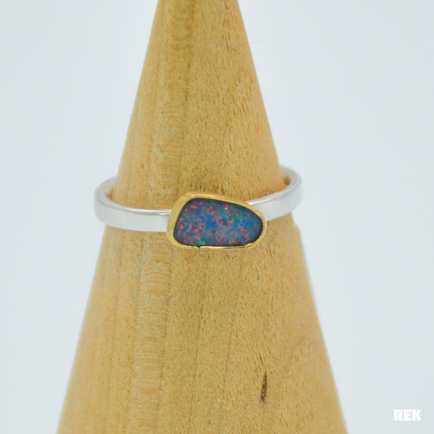 14k solid yellow gold and sterling silver band Australian opal size 6.25