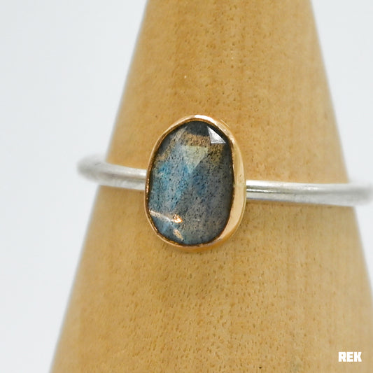 Gold fill bezel, sterling silver matte band and rose cut labradorite size 7.75