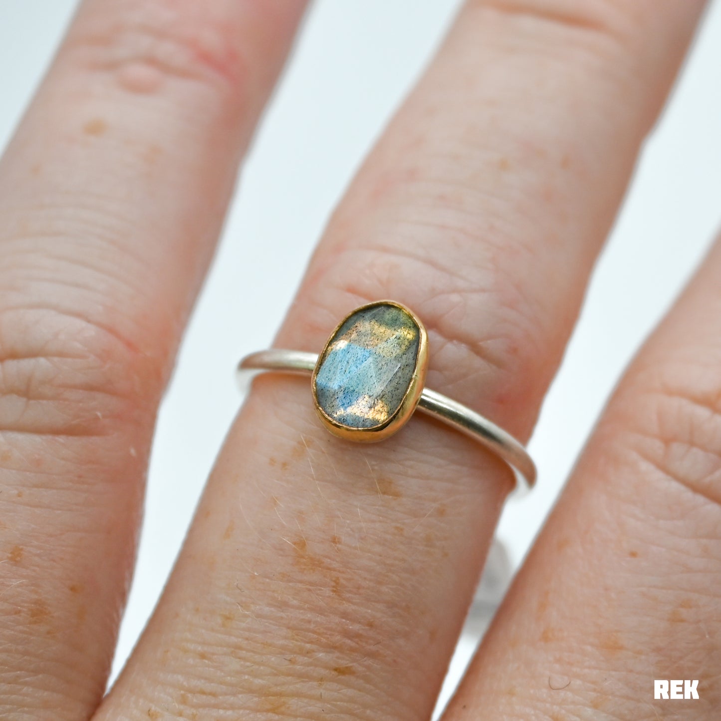 Gold fill bezel, sterling silver matte band and rose cut labradorite size 7.75